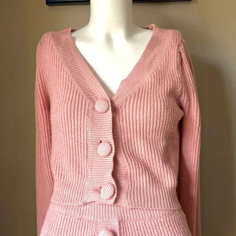 Lulus Womens 2-Piece Pink Textured Knit Button Cardigan Sweater & Skirt Set